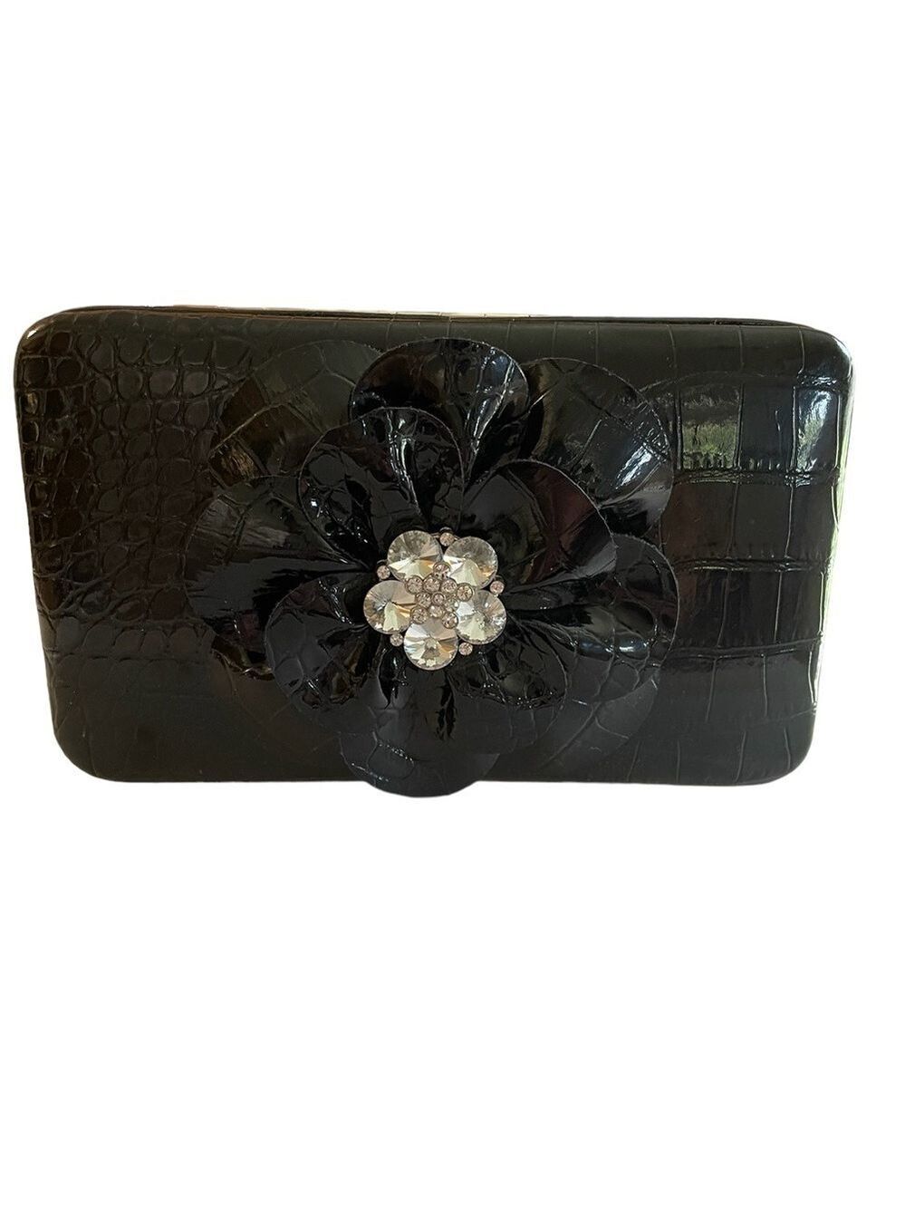 Hananel Clutch Purse, Black Patent, Diamond Rose on Front, New without T…